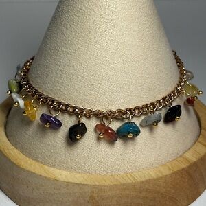 Artisan Mixed Gemstone Dangle Bracelet Gold Tone Chain quartz amethyst agate